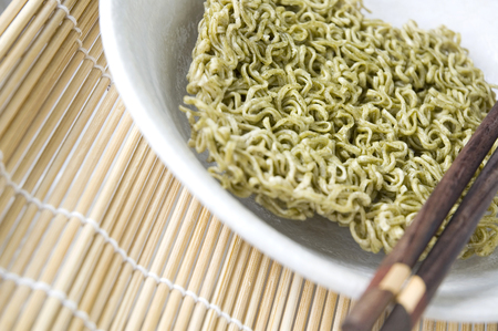 close up green vegetable instant noodleの写真素材