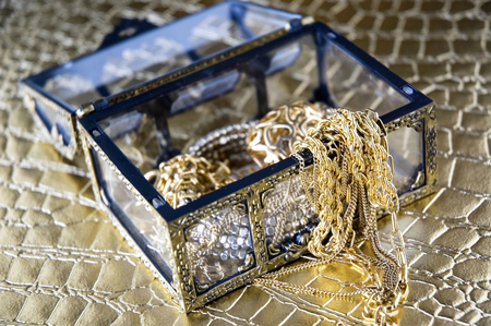 gloden jewelry in treasure chestの写真素材