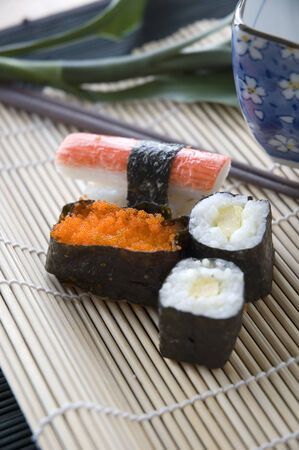 food japanese style on bamboo matの写真素材