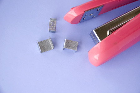 close up pink stapler on blue backgroundの写真素材