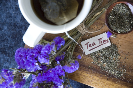 top view of tea time tag with tea cup