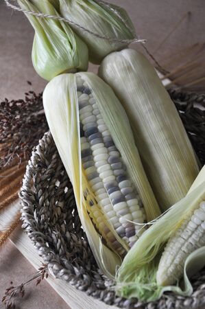 Fresh white and purple corn in basket put on wooden board