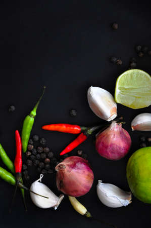 Fresh Thai ingredients for cook put on black background with copy spaceの写真素材