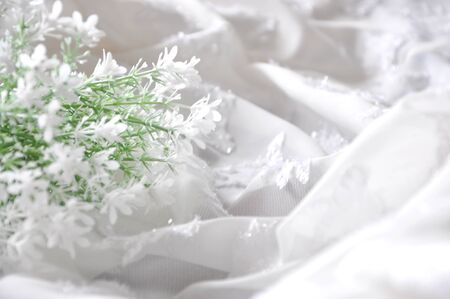 White artificial flower on white chiffon fabric backgroundの写真素材