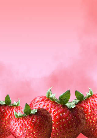 Red fresh strawberries on below of pastel soft pink background