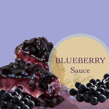 Blueberry sauce with chesse cake and fresh blueberries on light purple background. Rounding frame with words blueberry sauce.の写真素材
