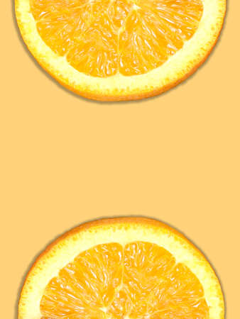 Fresh slice of two oranges on orange color background with copy space