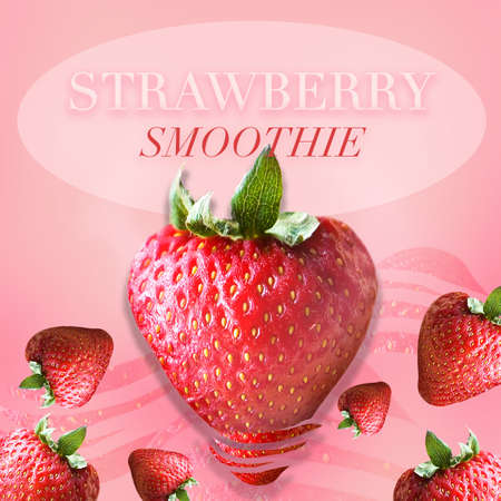 Fresh strawberries with floating strawberries on pink background with words strawberry smoothie in square size imageの写真素材