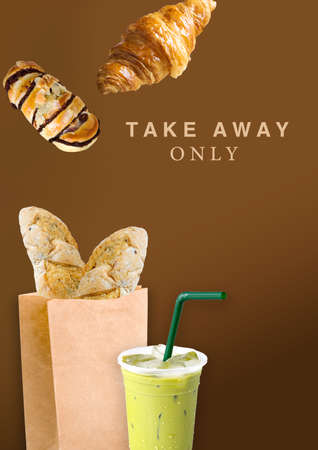 Takeaway pastries concept with message take away only on brown color backgroundの写真素材