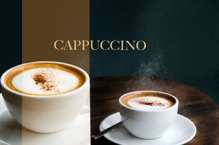 Close up a cup of hot Cappuccino on dark green background with woring Cappuccino and copy spaceの写真素材