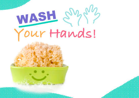 Wash your hands sign for kids with sponge and bubble soap on white background with copy spaceの写真素材