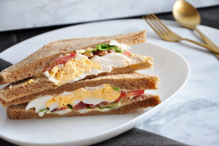 Close up fresh egg sandwich on white plate with copyspace on backgroundの写真素材