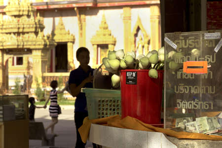 PHUKET, THAILAND MAY 15 2013: 20 Baht bills fill a donation box for Buddhist Offering flowers at Wat Chalong, the largest Buddist Temple in Phuket. のeditorial素材