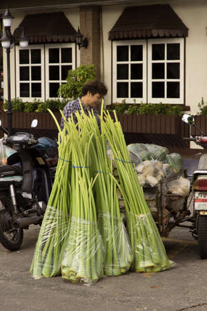 PHUKET TOWN, PHUKET, THAILAND SEPTEMEBER 8 2012: A woman loads large bundles of fresh produce onto a sidecar of a moped at the Downtown Market in Phuket Town.のeditorial素材
