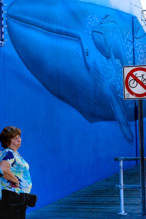THE BOARDWALK, OCEAN CITY, NEW JERSEY, USA, 11 JULY 2010: Visitor to the Boardwalk at Ocean City stands under a large mural of a humpback whale.のeditorial素材