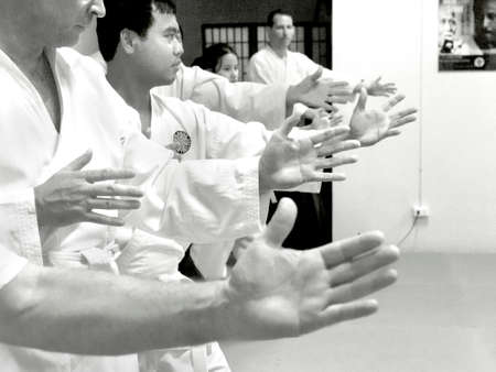 PHUKET TOWN, PHUKET, THAILAND, 3 MARCH 2014: Students of Aikido stand in ready position as they begin a promotion test in their dojang.のeditorial素材