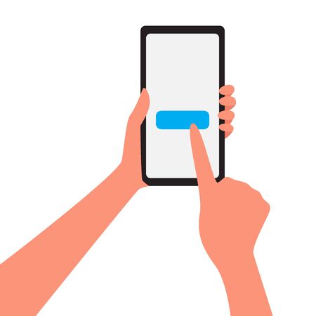Hand holding a smartphone and click button. vector cartoon illustration isolated on white background. Mobile store concept illustration with hand that makes purchases on mobile phoneのイラスト素材