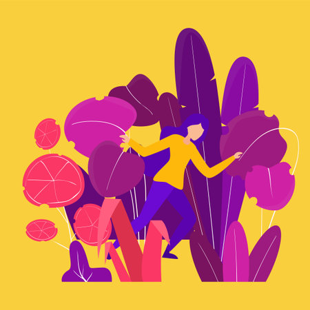 Vector illustration Explorer lost in the forest. People to explore the jungle, Woman breaks through plants in the forest. Vector illustration in flat styleのイラスト素材