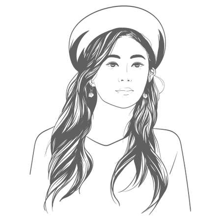 woman line art illustration wearing a hat. beautiful woman in line artのイラスト素材