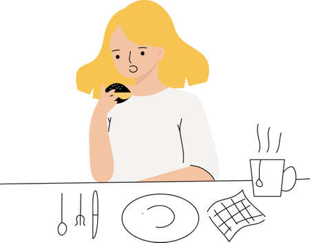 Flat Design People Easting Black Burger. Flat Illustration Of Young Woman Eating Conceptのイラスト素材