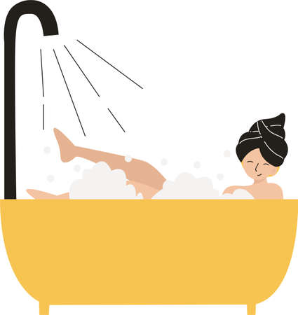 Adult Women Taking A Bath in a Bathup with Soap Bubbles, Modern Flat Illustrationのイラスト素材