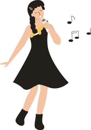 Young Woman with Black Dress Singing. Flat Design Illustration Of Happy Young Woman Singinのイラスト素材