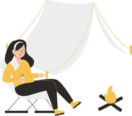 Simple illustration of a woman is relaxing in nature in a tent camp. Vector flat style illustration.のイラスト素材