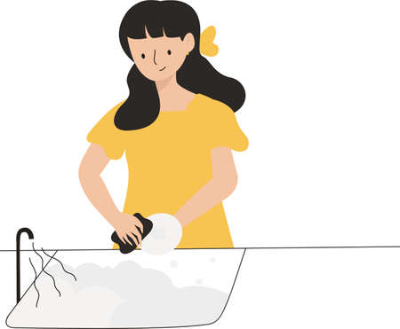 Housewife. The woman is washing dishes. Vector illustration of a flat designのイラスト素材