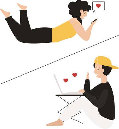 Man-woman lovers couple texting messages chatting via online video call in dating app. Greeting waving hands, discussing meeting dates, expressing love, romance. Flat vector illustrationのイラスト素材