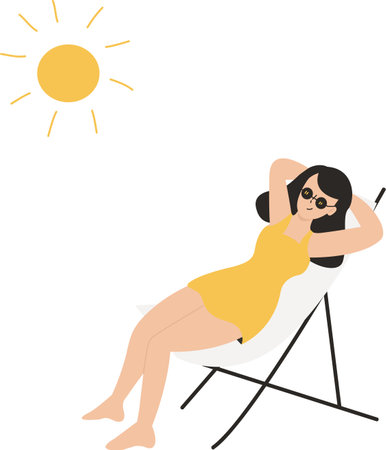 Vector summertime cartoon illustration. Girls in yellow mini dress sunbath, relax and having good time on the beach. Trendy design.のイラスト素材