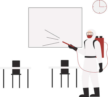 Prevention concept at Classroom. People in Protective suit (PPE) wearing medical face mask. Disinfecting spray for covid-19 or coronavirus. Disease prevention. Vector illustration flat design.のイラスト素材