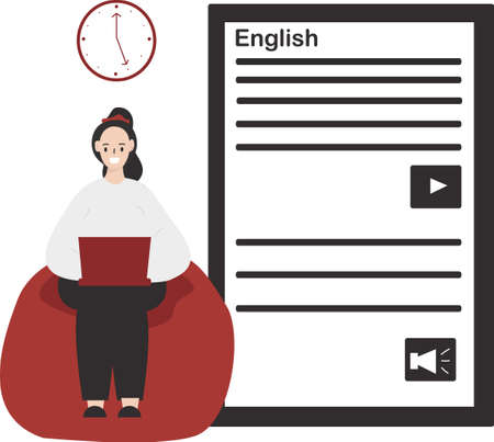 Language E Course Flat Design Illustration. Woman Sitting While Studying Online Courseのイラスト素材