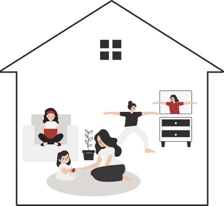 Quarantine, stay at home concept series - people sitting at their home, room, or apartment, practicing yoga, enjoying meditation, relaxing on the sofa, reading books, baking, and listening to musicのイラスト素材