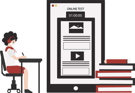 Online testing vector isolated. People studying using laptop computer. Online examination, questionnaire in the internet.のイラスト素材