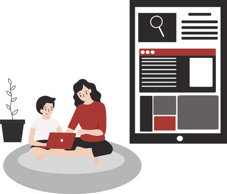 Flat Design Illustration Mom Teaching Her Kids To Do Homework.のイラスト素材