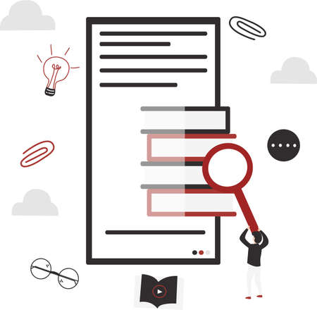 search concept, reading, reviewing book. Illustrated with a magnifying glass and smartphone. online search bookのイラスト素材