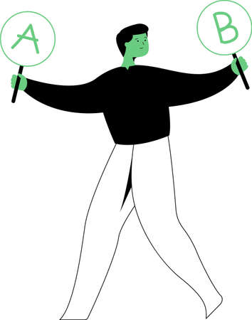 Confused people holds A and B Board, thinking what to choose. Making decision, difficult choice. Flat design vector illustrationのイラスト素材