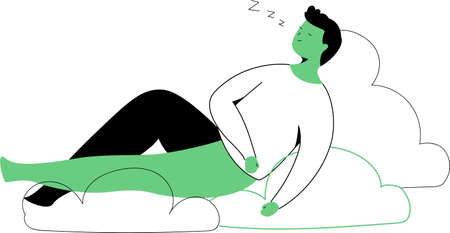 Floating guy as soft and comfortable bed on the clouds for night bedtime vector illustration. Relaxation in moonlight scene.のイラスト素材