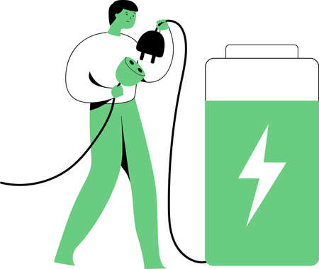 Flat People Plug-In Huge Battery. Energy concept. Modern flat vector illustration.のイラスト素材