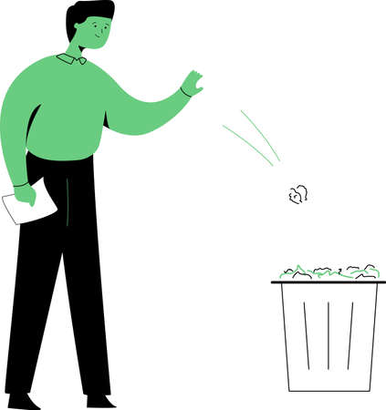Simple flat design character throws away trash into the trash bin. Vector illustration isolated from backgroundのイラスト素材