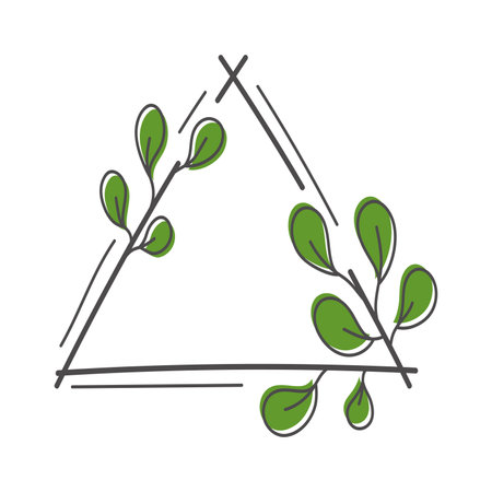 Vector illustration of a triangle made of twigs with green leaves.のイラスト素材
