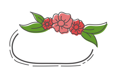 Illustration of floral frame with red flowers and green leaves on white backgroundのイラスト素材
