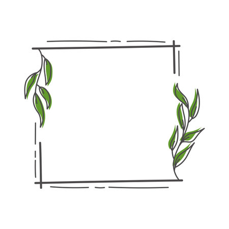 Frame with green leaves on white background. Vector illustration in doodle style.のイラスト素材