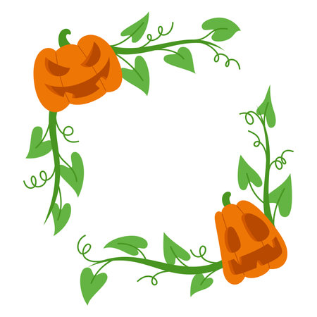 Halloween round frame with pumpkins and leaves. Vector illustration.のイラスト素材