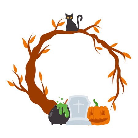 Halloween wreath with black cat, pumpkin and witch cauldron. Vector illustration.のイラスト素材