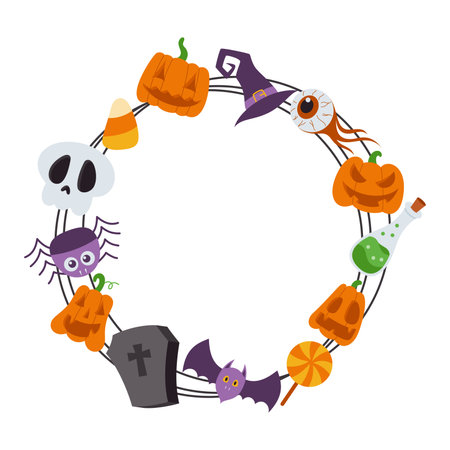 Halloween round frame with pumpkins, bats and spiders. Vector illustration.のイラスト素材