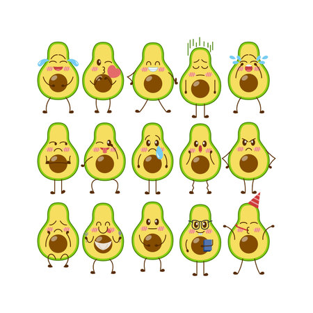 Avocado character set. Cute cartoon avocados with different emotions. Vector illustrationのイラスト素材