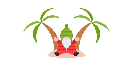 Garden gnome sitting on the palm tree. Vector illustration. Cute Summer Gnomes. Hello Summer Beach Party With Cute Gnomes Isolated On White. Surfing Gnome Characterのイラスト素材