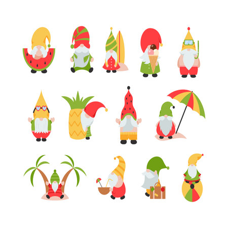 Garden gnomes vector set. Cute garden gnomes characters with umbrella, watermelon, pineapple, pear, pine cone, coconut tree, hibiscus flowers.のイラスト素材