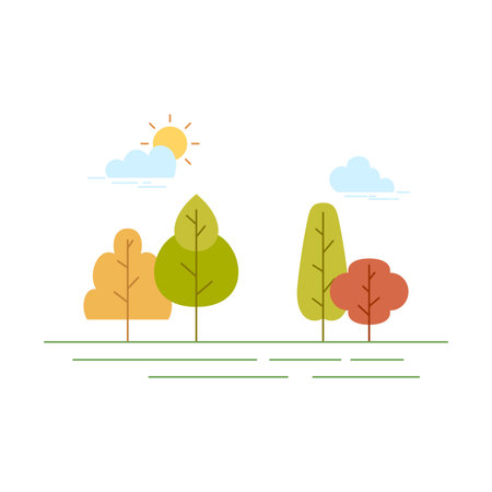 Vector illustration of green trees in flat style with sun and clouds.のイラスト素材